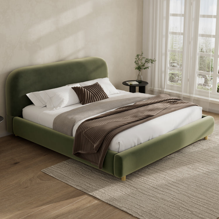 King Size Platform Bed With Velvet Fabric, Upholstered Platform Bed With Curve Shaped Design Headboard, Olive Green