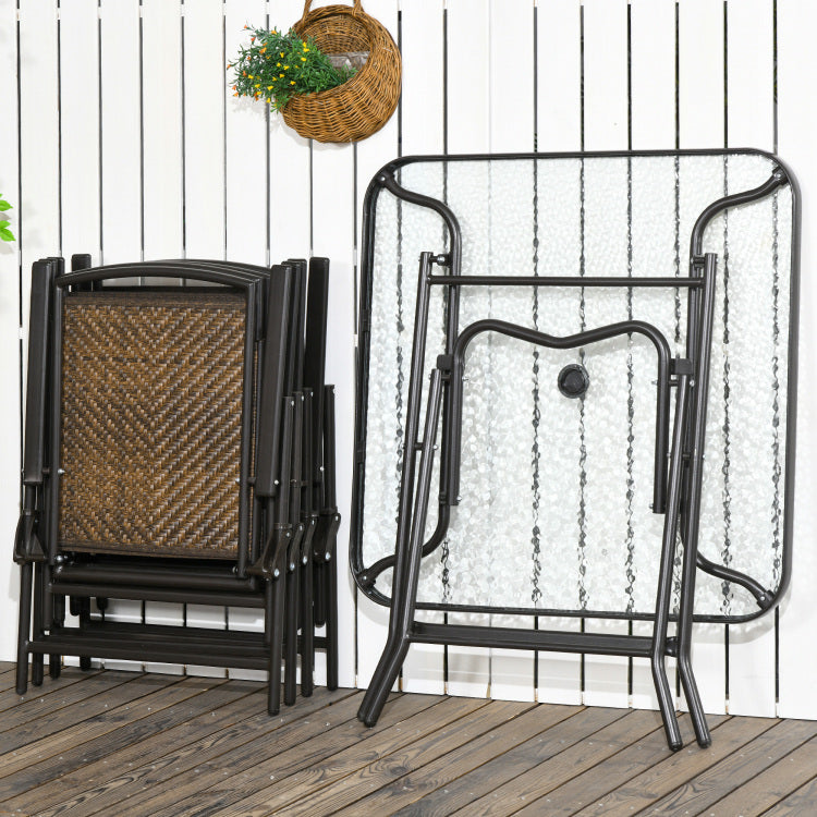Outsunny 5 Pieces Wicker Patio Dining Set, Foldable Outdoor Table And Chairs, Wicker Furniture Dining Set With Umbrella Hole, Tempered Glass Table, Dark Brown