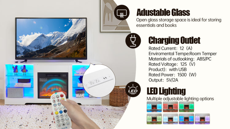 Tv Stand Electric Fireplace Tv Stand With Glass Shelves, 3D Fireplace Tv Stand With Led Lights Wood With Usb Charging Outlet Modern Television Table Center For Tv Up To 32 62" White