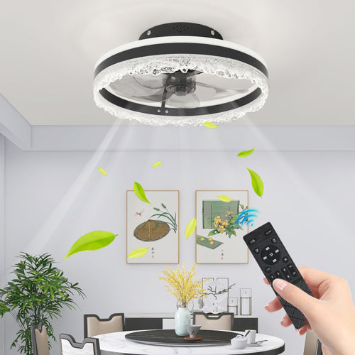 16" Quiet With Light Led Crystal Flush Mount Fan Lamp With Hidden Blades And Natural Airflow, Perfect For Bedroom, Kids Room, Study Room