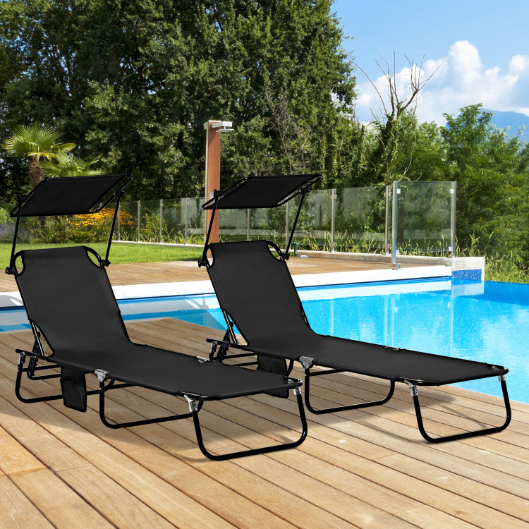 Outsunny Folding Chaise Lounge Pool Chairs, Outdoor Sun Tanning Chairs With Canopy Shade, Reclining Back, Steel Frame And Side Pocket For Beach, Yard, Patio, Black