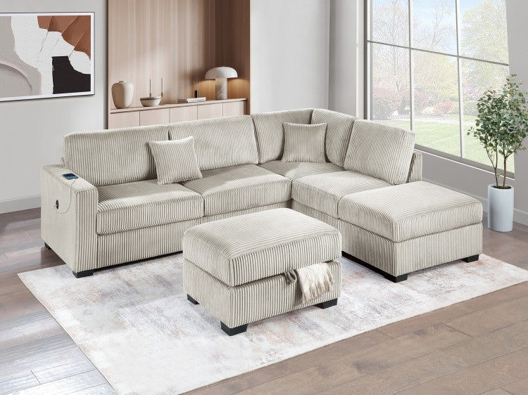 Camel Wide Welt Corduroy Sectional Sofa Reversible Chaise Sofa W Usb Storage Ottoman Upholstered Couch Pillows 3Pc Set Living Room