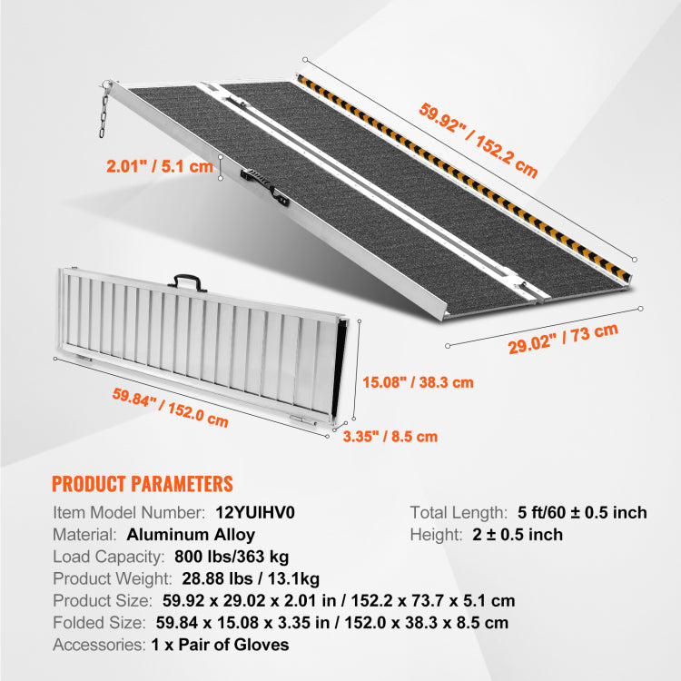 Portable Wheelchair Ramp, 5 Ft 800 Lbs Capacity, Non Slip Aluminum Folding Threshold Ramp, Foldable Mobility Scooter Ramp Wheel Chair Ramp, Handicap Ramp For Home Steps, Stairs, Doorways, Curbs