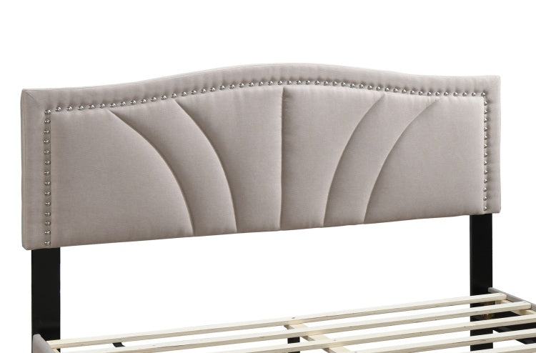 Modern Vintage 1Pc Full Size Bed Light Brown Burlap Fabric Nailhead Trim Accents Headboard Bedframe