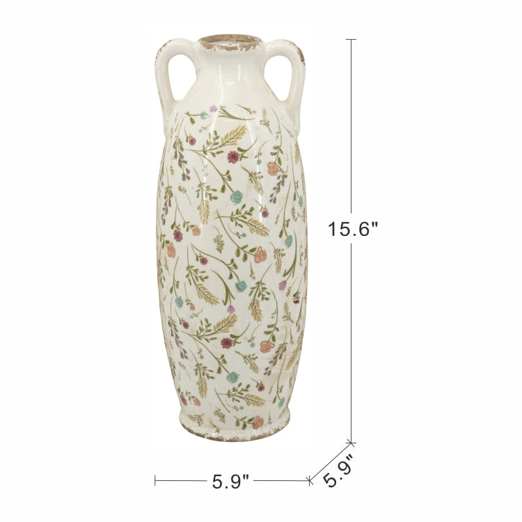 5.9X5.9X15.6" Decorative Ceramic Amphora Vase With Multi Colored Floral Motifs