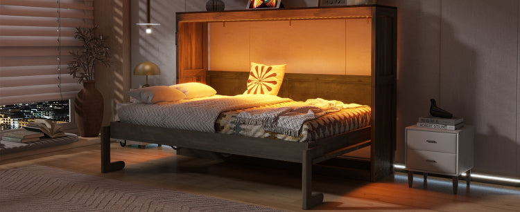 Twin Size Murphy Bed With Led Light,Can Be Folded Into A Cabinet,Hidden Wall Bed Cabinet,Brown