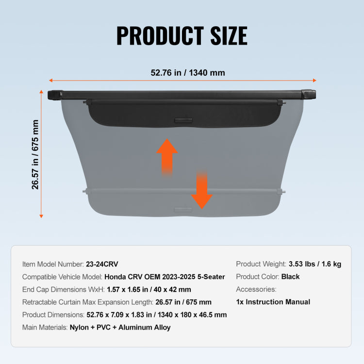 Retractable Cargo Cover For Honda Crv 2023 2024 Upgraded Rear Trunk Cover