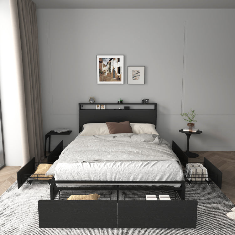 Full Bed Frame, Storage Headboard With Charging Station, Solid And Stable, Noise Free, No Box Spring Needed, Easy Assembly