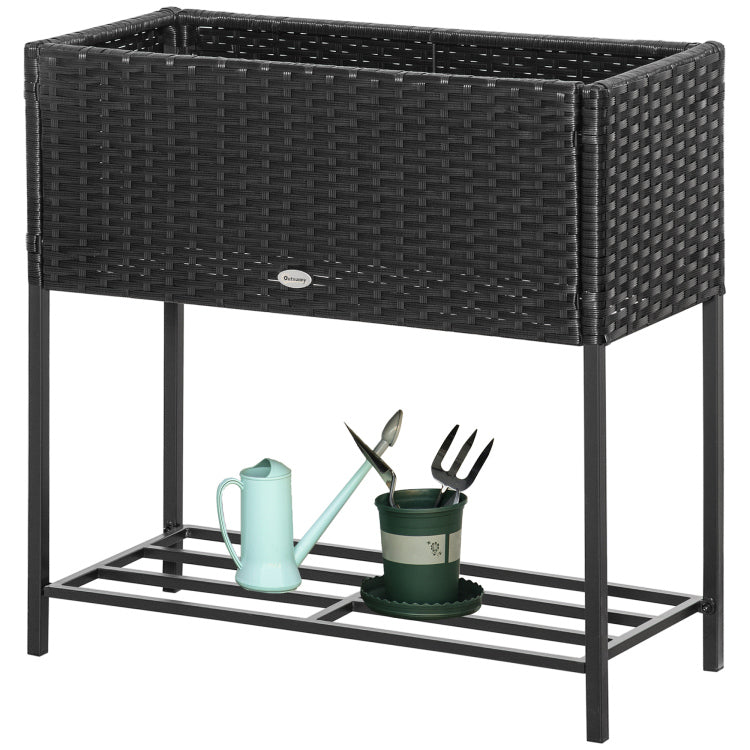 Outsunny Raised Garden Bed, Elevated Planter Box With Rattan Wicker Look, Tool Storage Shelf, Portable Design For Herbs, Vegetables, Flowers, Black