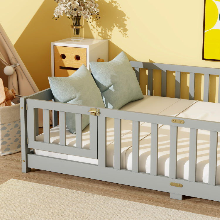 Full Size Floor Bed With Fence And Door,Rubber Wood Floor Bed With Safety Guardrails,Grey