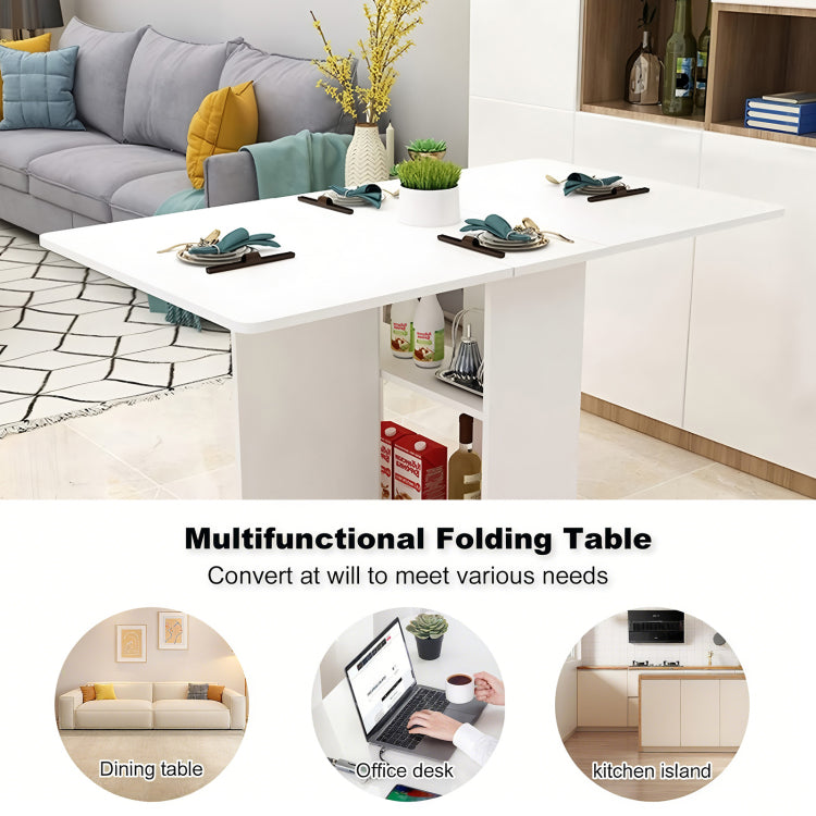 Folding Drop Leaf Dining Table With 6 Wheels And 2 Layer Storage Shelf, Space Saving Table For Small Spaces, 47.2 Inch D X 23.6 Inch W X 30.3 Inch H, White