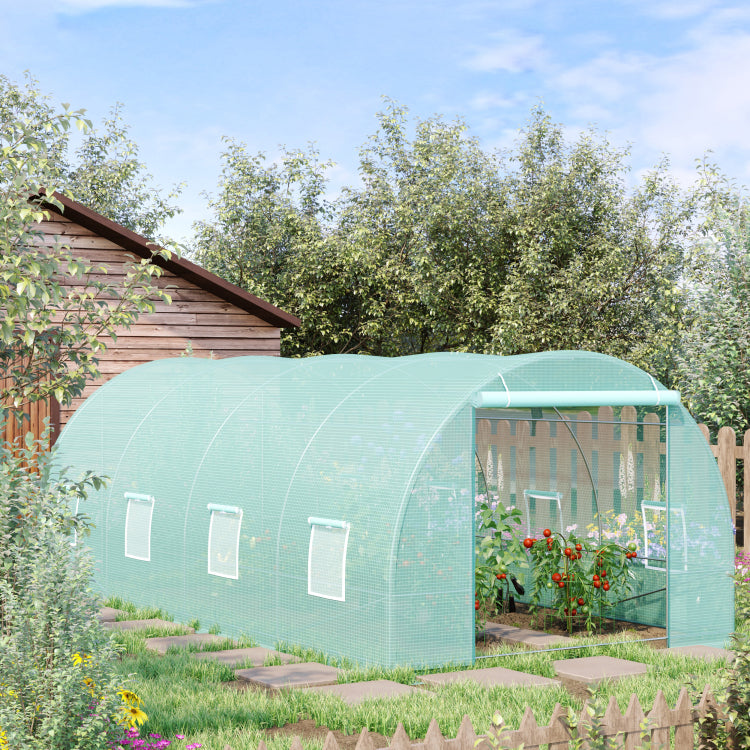 Outsunny 20' X 10' X 7' Walk In Tunnel Greenhouse, Garden Warm House, Large Hot House Kit With 8 Roll Up Windows & Roll Up Door, Steel Frame, Green