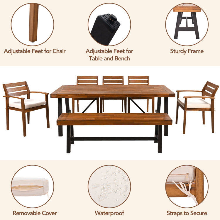Outdoor Wood Dining Set For 7 8 Person, Outdoor Dining Furniture With Removable Cushions, Ernomic Chairs And Bench, Thicker Table, Nature