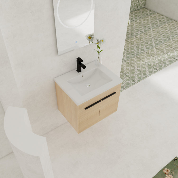 Oak 24 Inch Bathroom Vanity With Resin Countertop Sink, 2 Doors Bathroom Cabinet Set