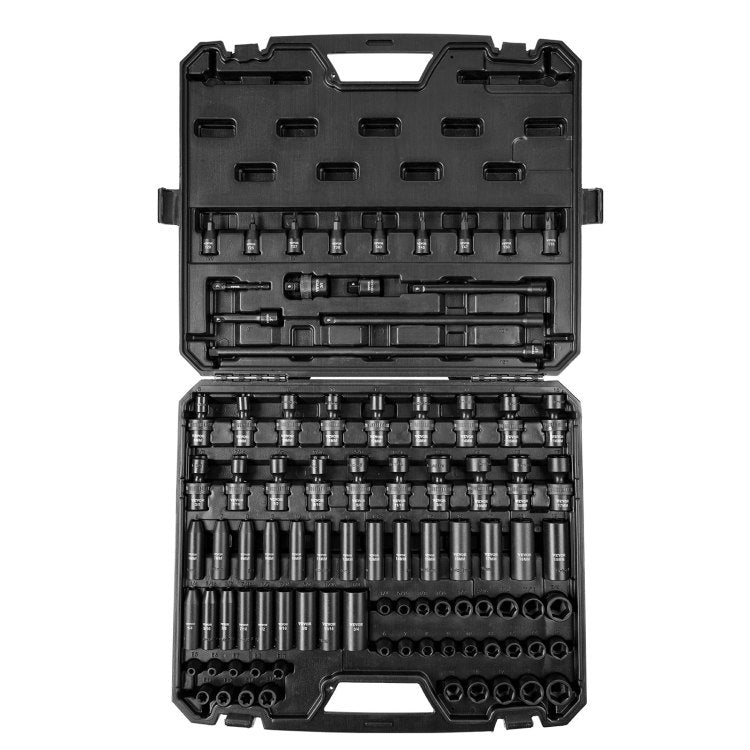 3 8" Drive Impact Socket Set, Sae 1 4" 3 4" And Metric 6 19Mm 90 Piece Socket Set, 6 Point Cr Mo Alloy Steel For Auto Repair, Includes Extension Bars Universal Joint Adapter Lock Storage Case