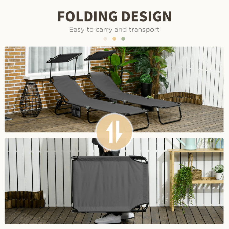 Outsunny Folding Chaise Lounge Pool Chairs, Outdoor Sun Tanning Chairs With Canopy Shade, Reclining Back, Steel Frame And Side Pocket For Beach, Yard, Patio, Dark Gray