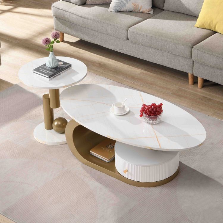 Modern Nesting Golden Coffee Table Set Of 2 End Table For Living Room, Oval And Round Table Set