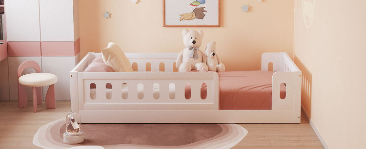 Wood Twin Size Platform Bed With Guardrail, White