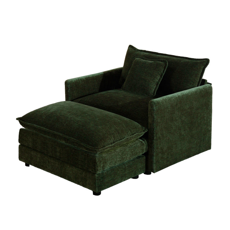 Modern Accent Chair With Ottoman, Living Room Club Chair Chenille Upholstered Armchair , Reading Chair For Bedroom, Green Chenille