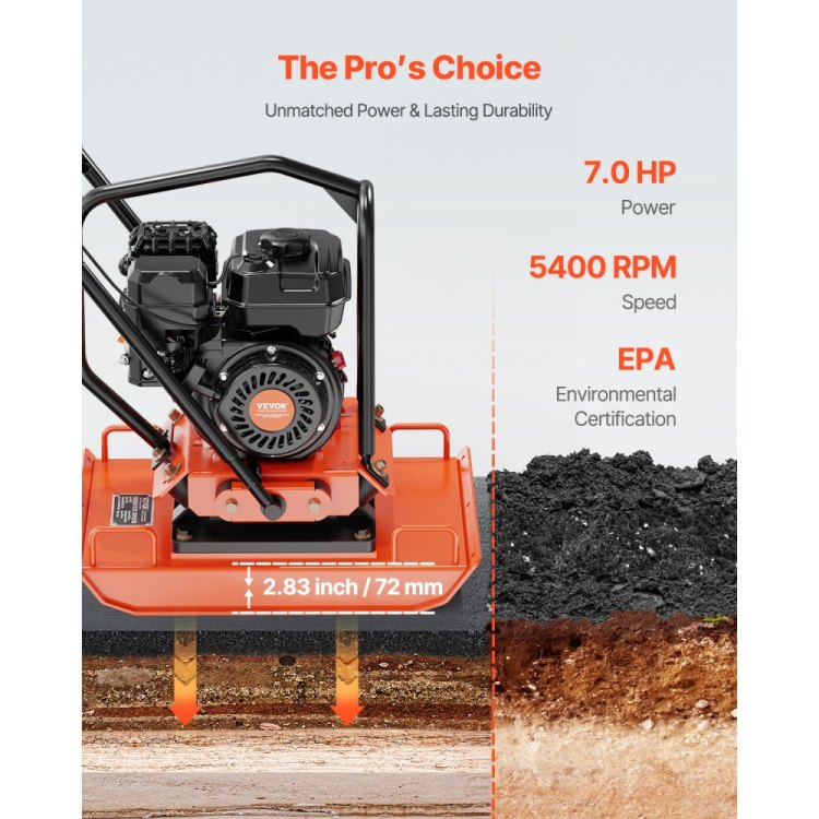 Plate Compactor 7.0 Hp Engine 432 Sq. In Plate 5400 Rpm Ground Compactor Rammer