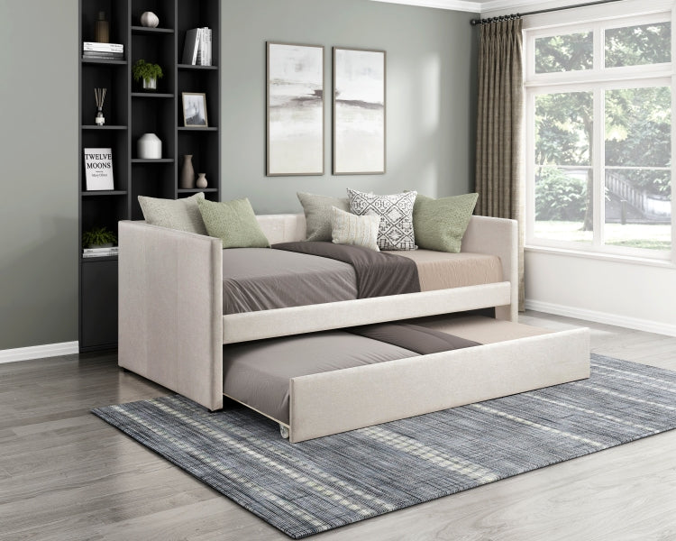 1Pc Daybed With Trundle Beige Fabric Upholstery Wooden Frame Modern Home Furniture