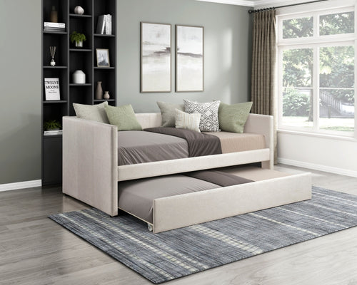 1Pc Daybed With Trundle Beige Fabric Upholstery Wooden Frame Modern Home Furniture
