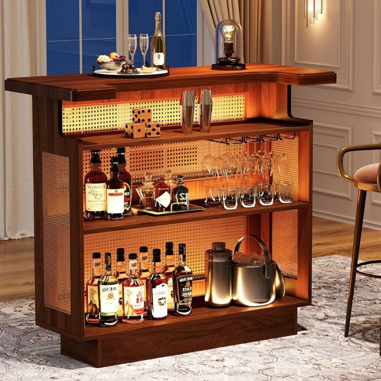 47.24 Inches Farmhouse Caramel Brown Rattan Home Bar Unit, 4 Tier Liquor Cabinet With Stemware Racks For Living Room