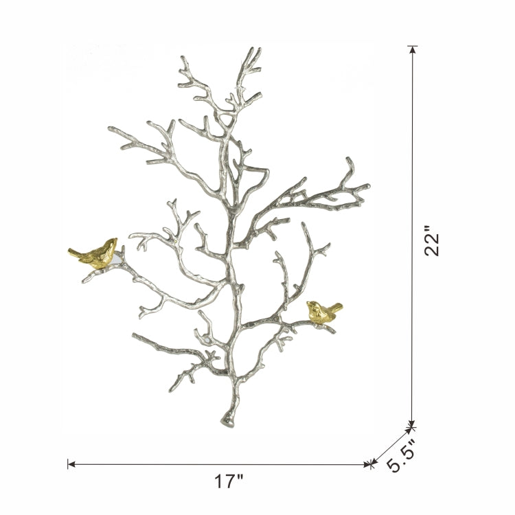 17X5.5X22" Metal Branch Wall Sculptures With Bird Accents, Set Of 2