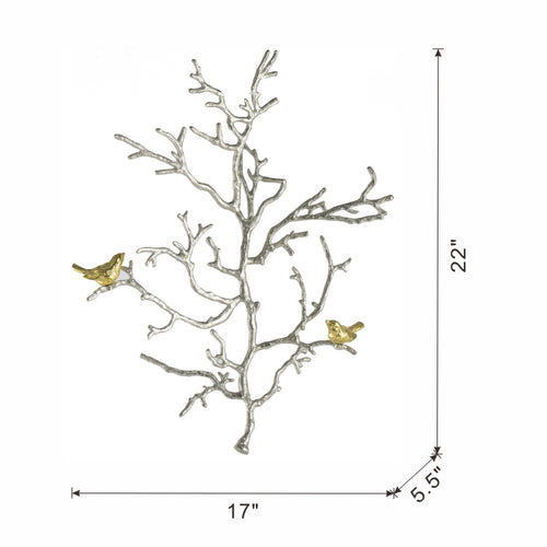 17X5.5X22" Metal Branch Wall Sculptures With Bird Accents, Set Of 2