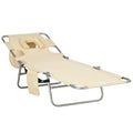 Outsunny Folding Beach Lounge Chair With Face Hole And Arm Slots, 5 Level Adjustable Sun Lounger Tanning Chair With Pillow For Patio, Garden, Beach, Pool, Beige