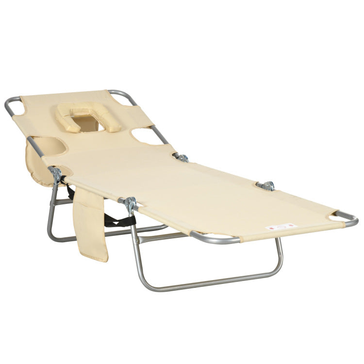 Outsunny Folding Beach Lounge Chair With Face Hole And Arm Slots, 5 Level Adjustable Sun Lounger Tanning Chair With Pillow For Patio, Garden, Beach, Pool, Beige