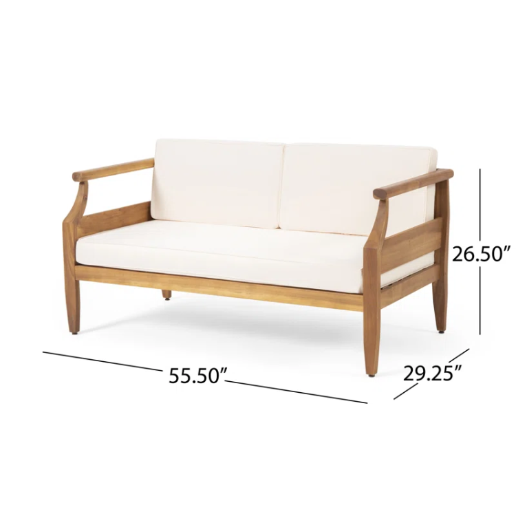 Aston Outdoor Mid Century Modern Cushioned Acacia 4 Seat Chat Set Loveseat & Coffee Table & Club Chair Teak Finish Cream Cushion