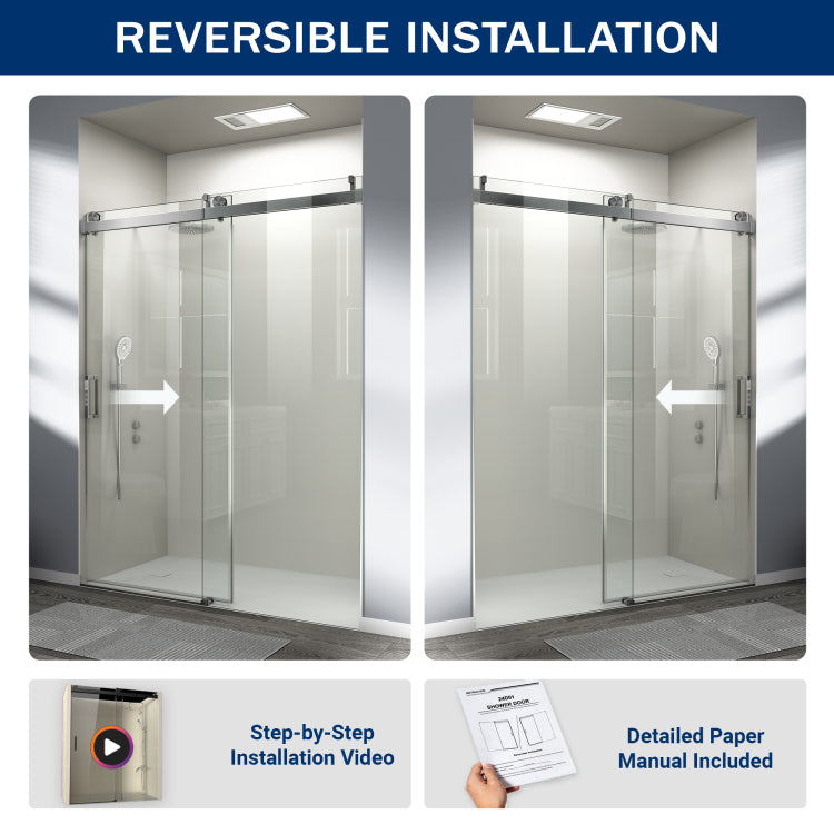 56" 60" W X 76" H Frameless Soft Closing Single Sliding Shower Door, 1 4" 6Mm Tempered Glass With Explosion Proof Film Via Express Delivery, Brushed Nickel Cm 24D01 60Bnx
