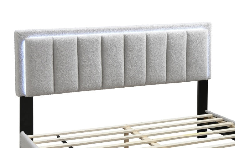 Light Gray Wool Fabric 1Pc Queen Size Bed Channel Tufting W Led Full Upholstered Bedframe Bedroom Bed