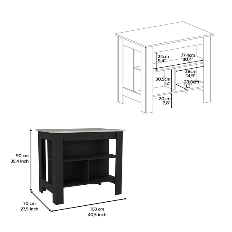 Kitchen Island, Kitchen Table 35" H, Four Legs, Three Open Storage Shelves, Black Ibiza Marble Finish