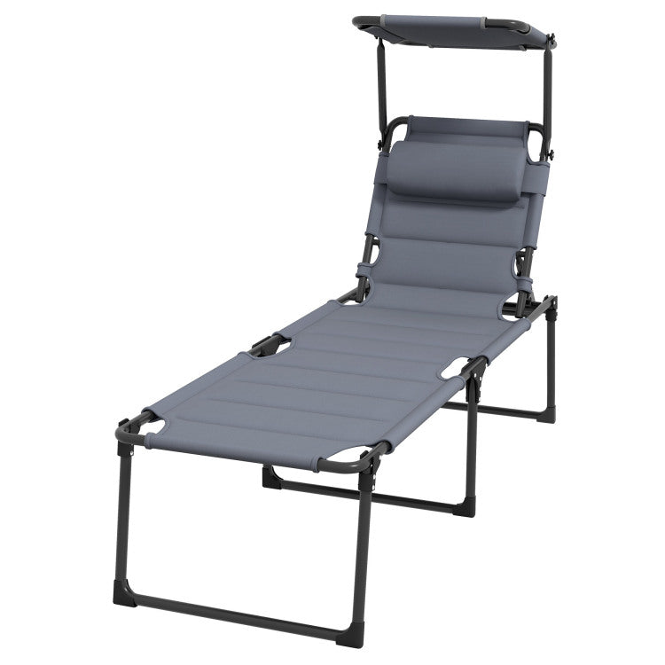 Outsunny Outdoor Lounge Chair, Adjustable Backrest Folding Chaise Lounge, Cushioned Tanning Chair W Sunshade Roof & Pillow Headrest For Beach, Camping, Hiking, Gray
