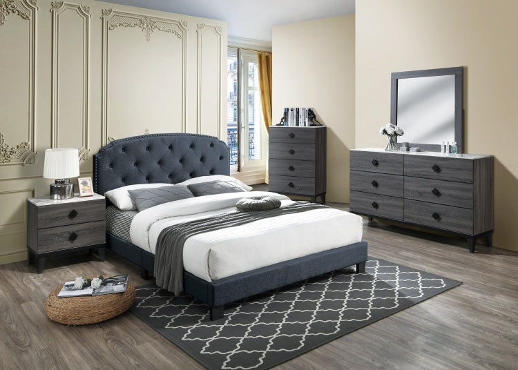 Full Size 1Pc Bed Nailhead Trim Button Tufted Burlap Fabric Charcoal Finish Bedroom Furniture