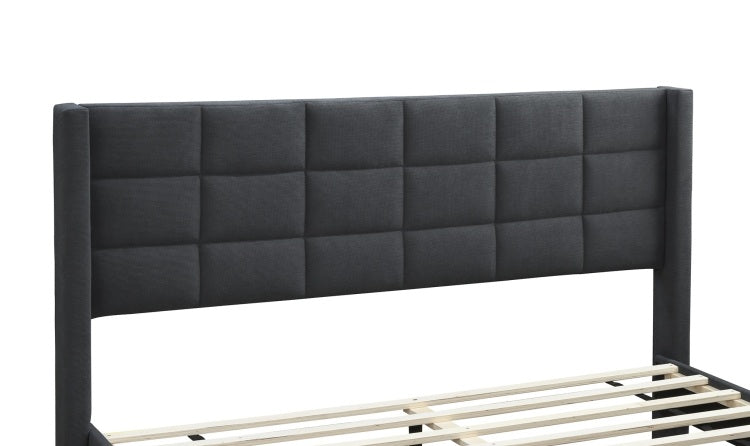 Elegant Modern Charcoal Brushed Linen 1Pc Queen Size Bed Upholstered Box Design Headboard Bedframe