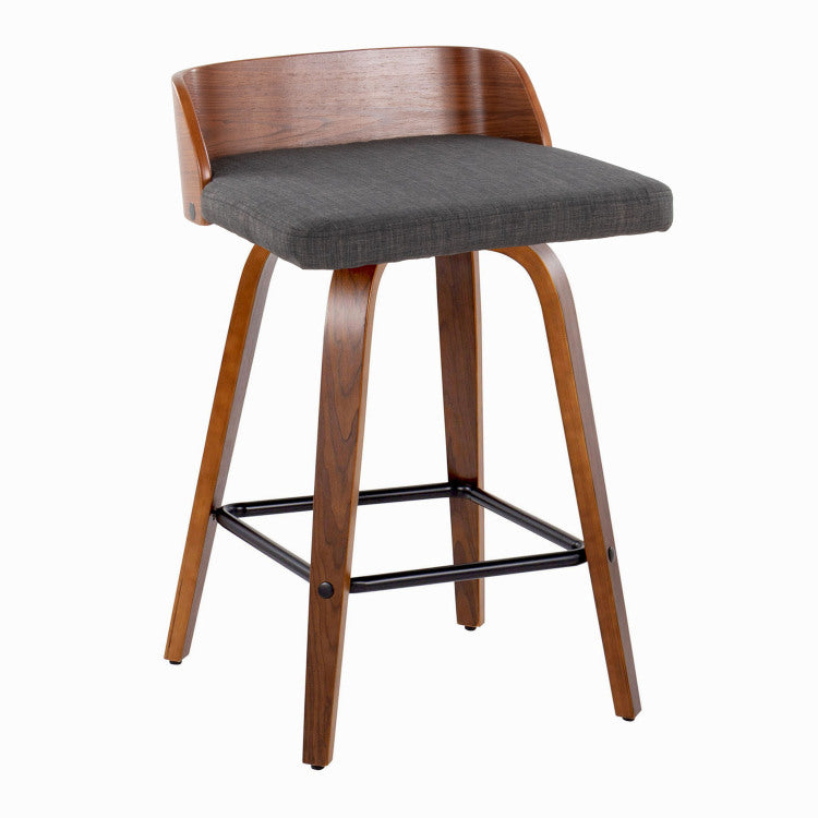 26" Mid Century Modern Fixed Height Counter Stool With Swivel In Walnut Wood And Charcoal Fabric With Square Black Metal Footrest Set Of 2
