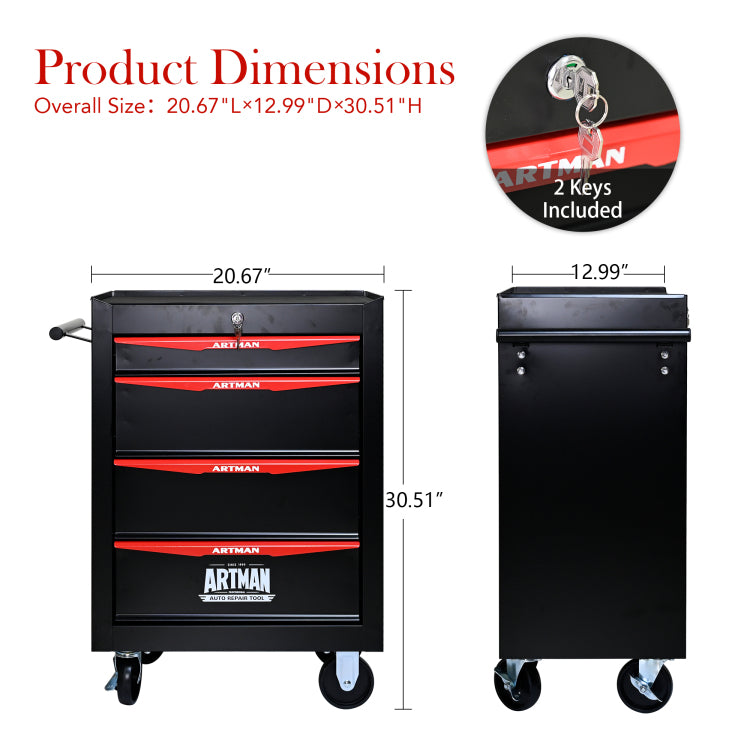 Rolling Metal Tool Chest With 4 Drawers, 20" 4 Drawer Tool Chest Cabinet With Ball Bearing Drawer Slides, Steel Tool Storage Box Organizer Black&Red