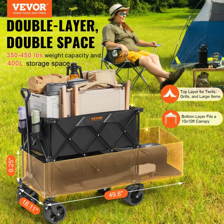 Foldable Double Decker Wagon, 400L Collapsible Wagon Cart With All Terrain Wheels, Heavy Duty Folding Wagon Cart 350 450 Lb Weight Capacity For Camping, Shopping, Garden, 52" Extra Long Extender