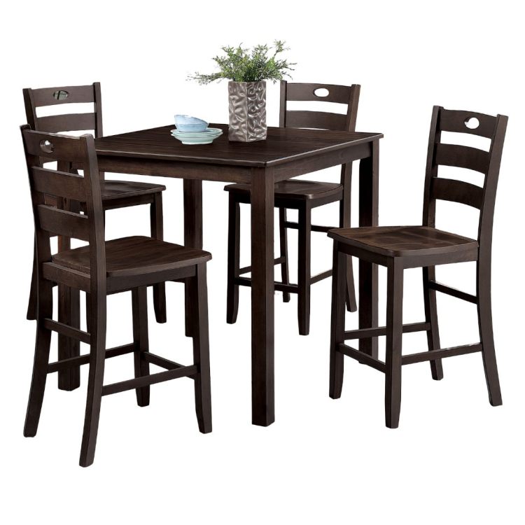 Transitional Style Espresso Finish 5Pc Dining Table Set 1X Square Counter Height Dining Table 4X Slat Back Chairs Dining Room