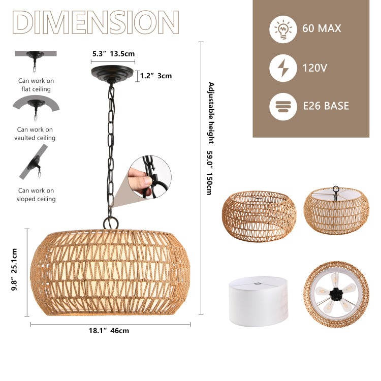18" Farmhouse Pendant Light With Adjustable Height, Boho Woven Jute Rope Hanging Ceiling Light Fixture, E26 Base, 60W Max, Compatible With Flat, Vaulted, And Sloped Ceil Bulb Not Included