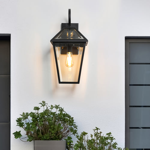 21" H 1 Pack Outdoor Wall Lantern Light Modern Black Metal & Clear Glass Sconce For Porch, Patio, And Garden Lighting Bulb Not Included
