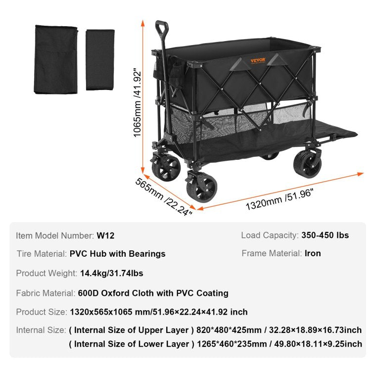 Foldable Double Decker Wagon, 400L Collapsible Wagon Cart With All Terrain Wheels, Heavy Duty Folding Wagon Cart 350 450 Lb Weight Capacity For Camping, Shopping, Garden, 52" Extra Long Extender