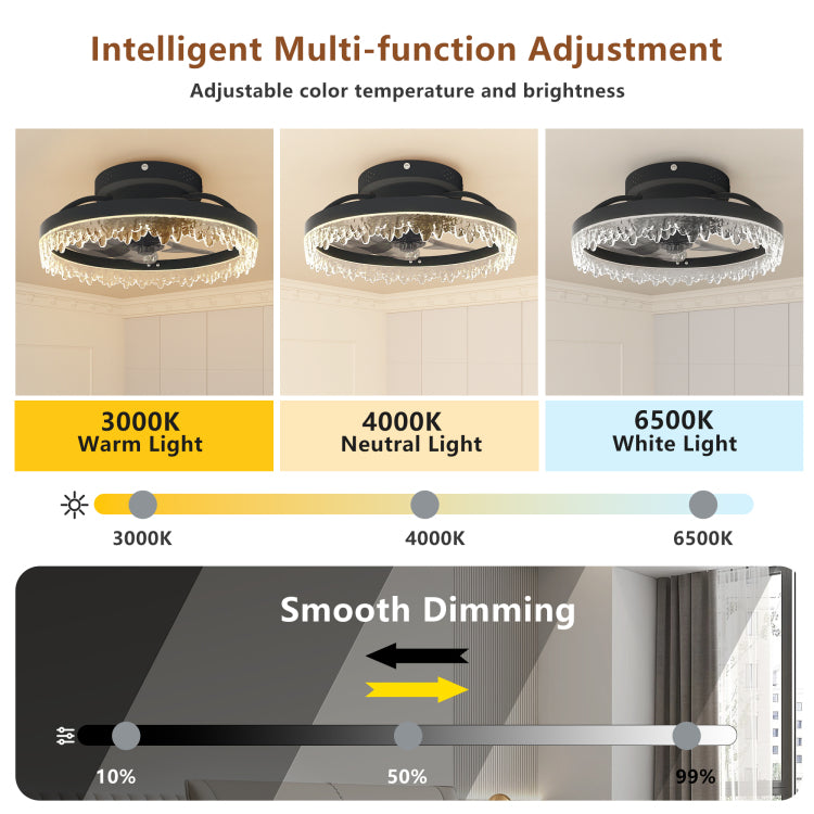 Smart Silent Elegant Black With Light 16 Inch Flush Mount Led Chandelier With 5 Invisible Blades, Remote Control & Timer, Dimmable Lighting For Bedroom, Living Room, Dining Room