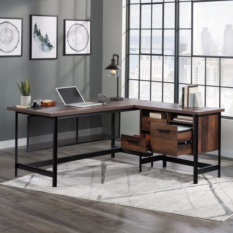 Industrial L Shaped Computer Desk, Brown Finish