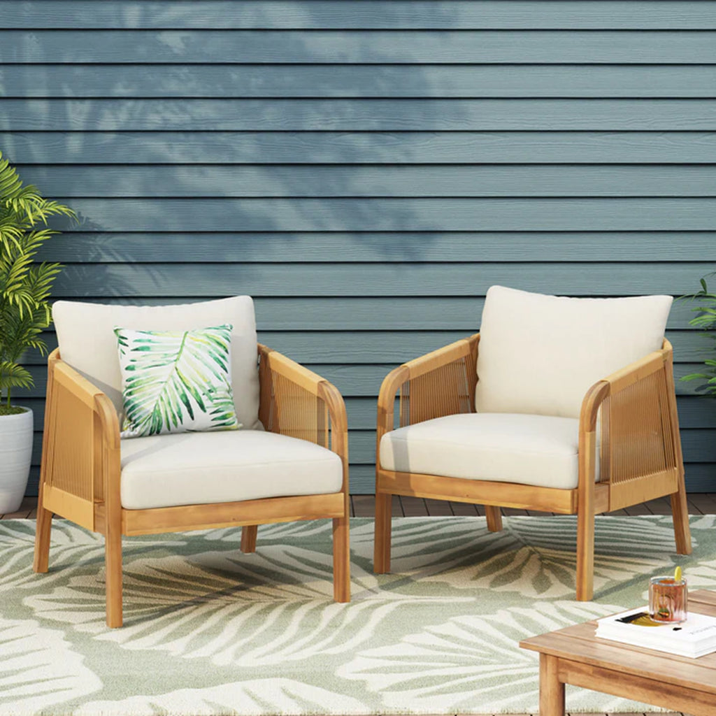 Set Of 2, Acacia Wood And Wicker Outdoor Club Chair, Deep Seating With Soft Cushion, Porch Chairs For Garden, Backyard Porch Balcony, Brown & Beige