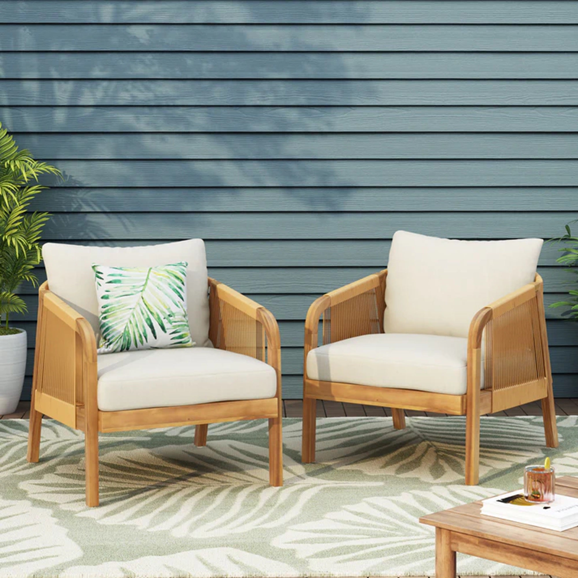 Set Of 2, Acacia Wood And Wicker Outdoor Club Chair, Deep Seating With Soft Cushion, Porch Chairs For Garden, Backyard Porch Balcony, Brown & Beige