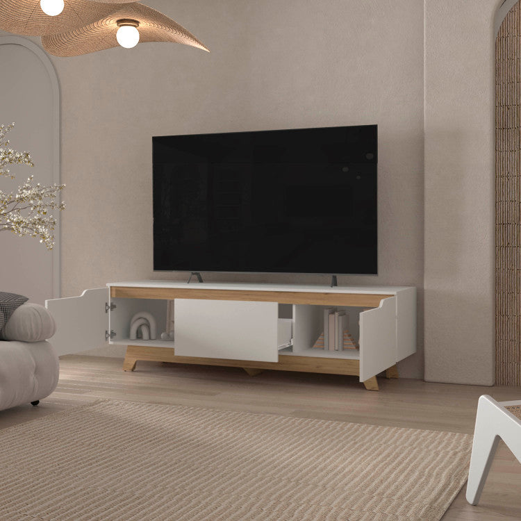 Lyman Entertainment Center With Two Doors. White And Natural Oak
